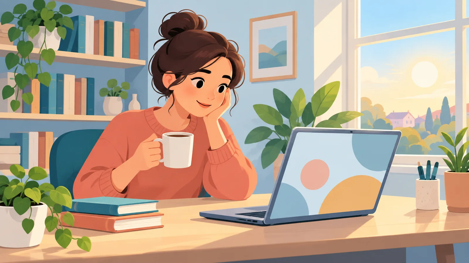 Pessoa com uma caneca de café lendo a tela de um notebook com expressão curiosa