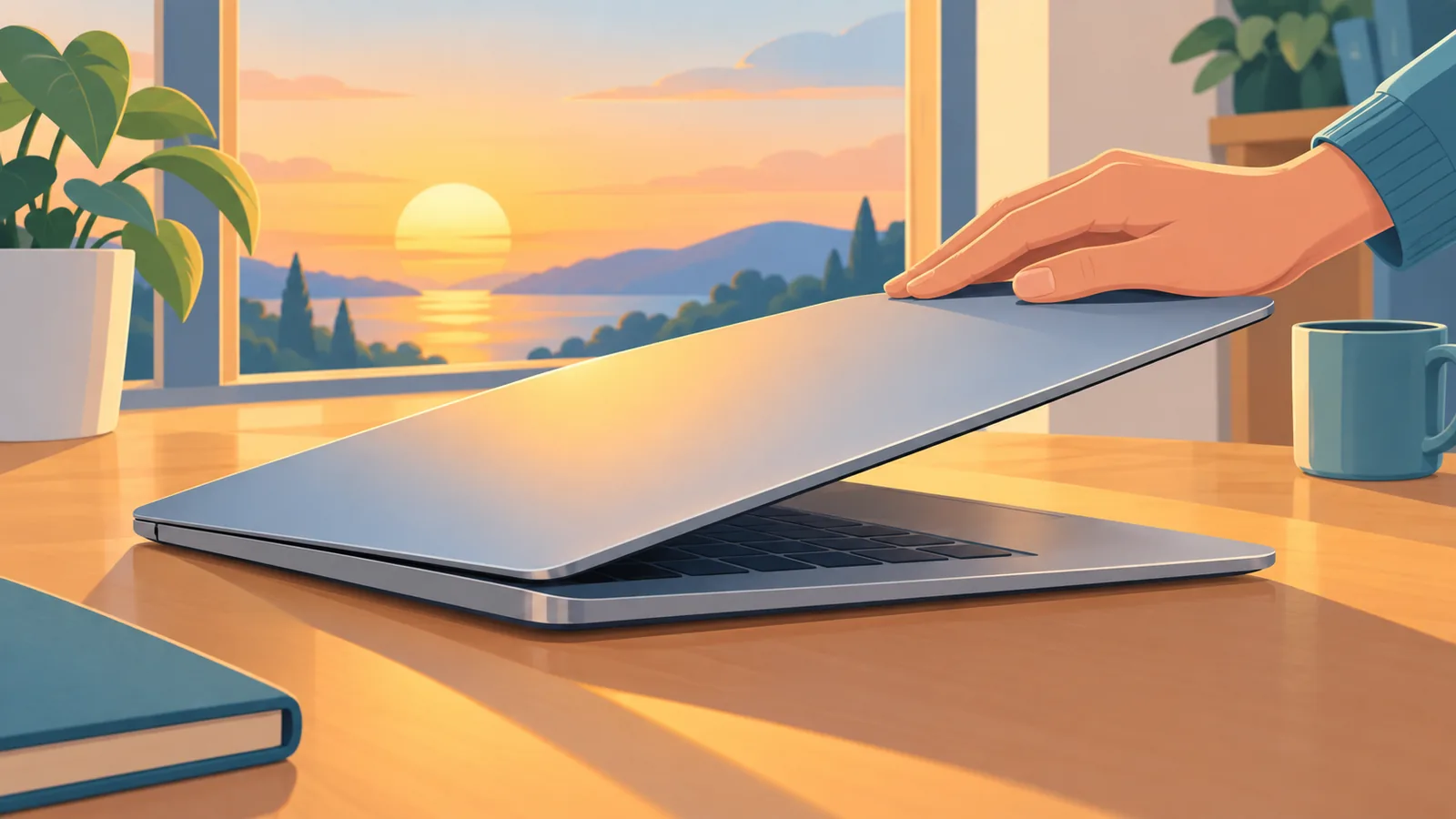 Mão fechando a tampa de um MacBook ao entardecer sobre uma mesa limpa