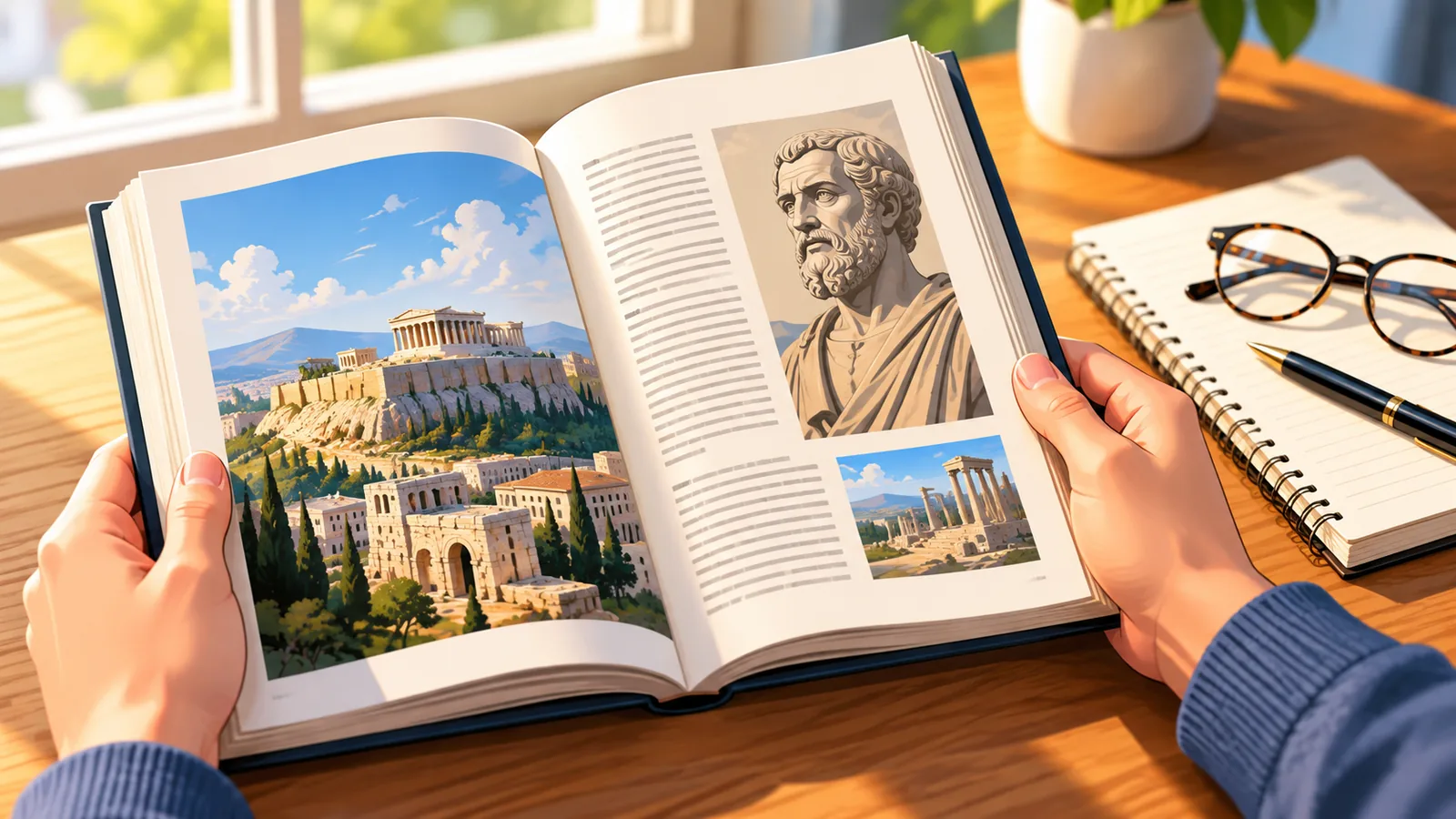 Leitor com livro de história aberto sobre uma mesa de madeira