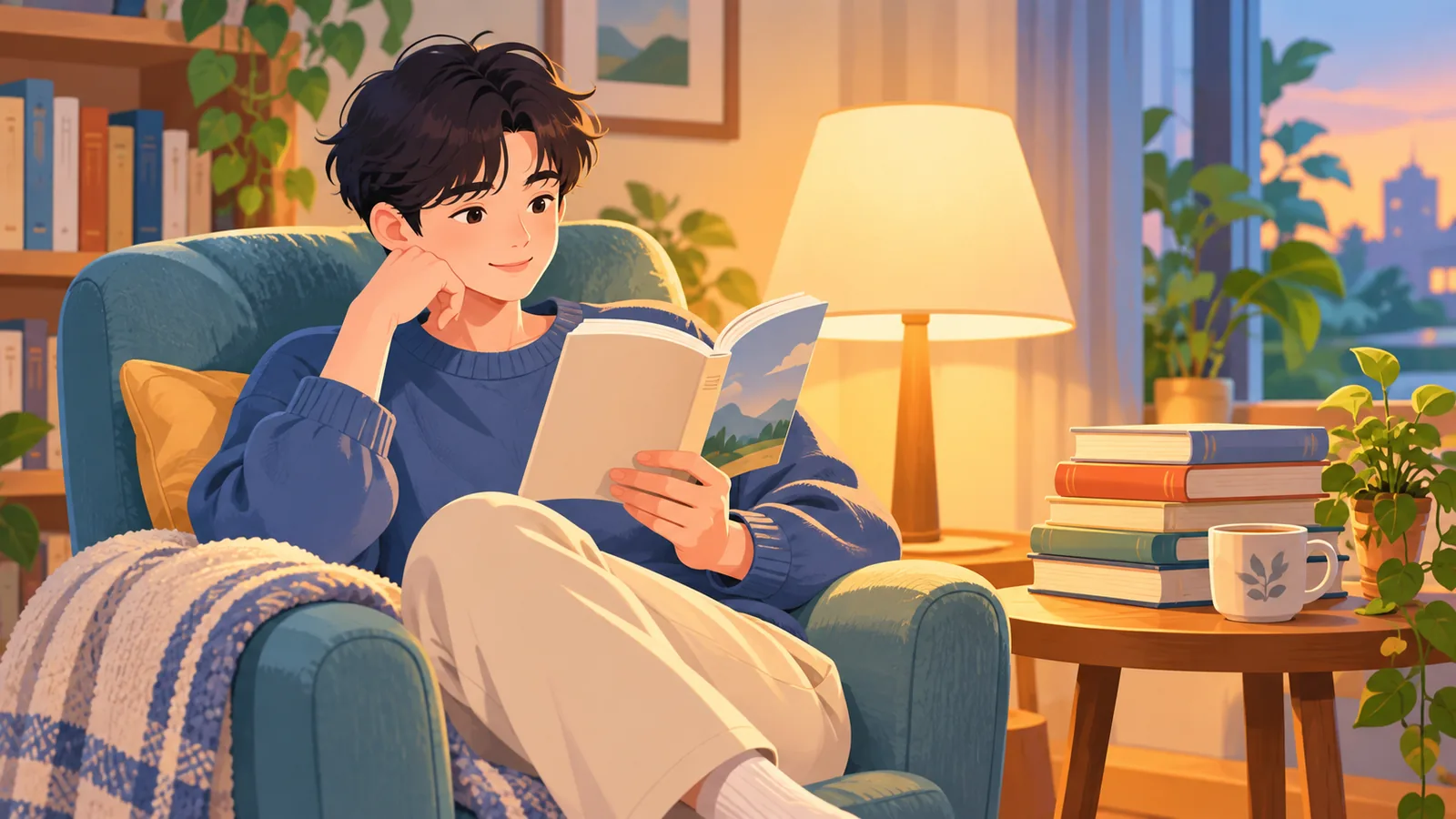 Pessoa lendo um livro de bolso em uma poltrona confortável