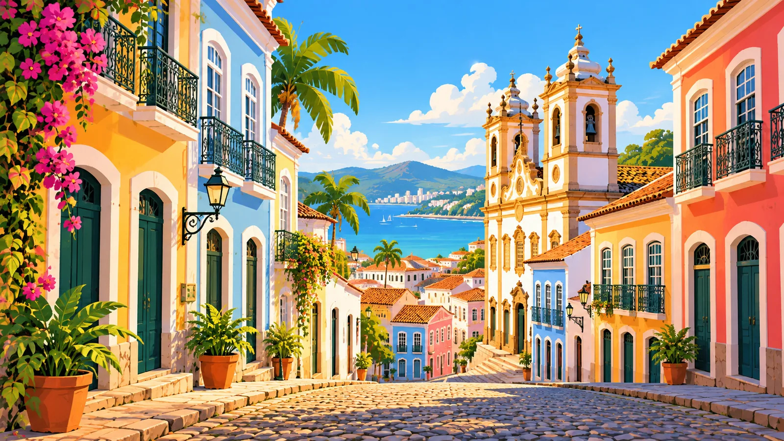 Rua histórica colonial brasileira com casarões coloridos