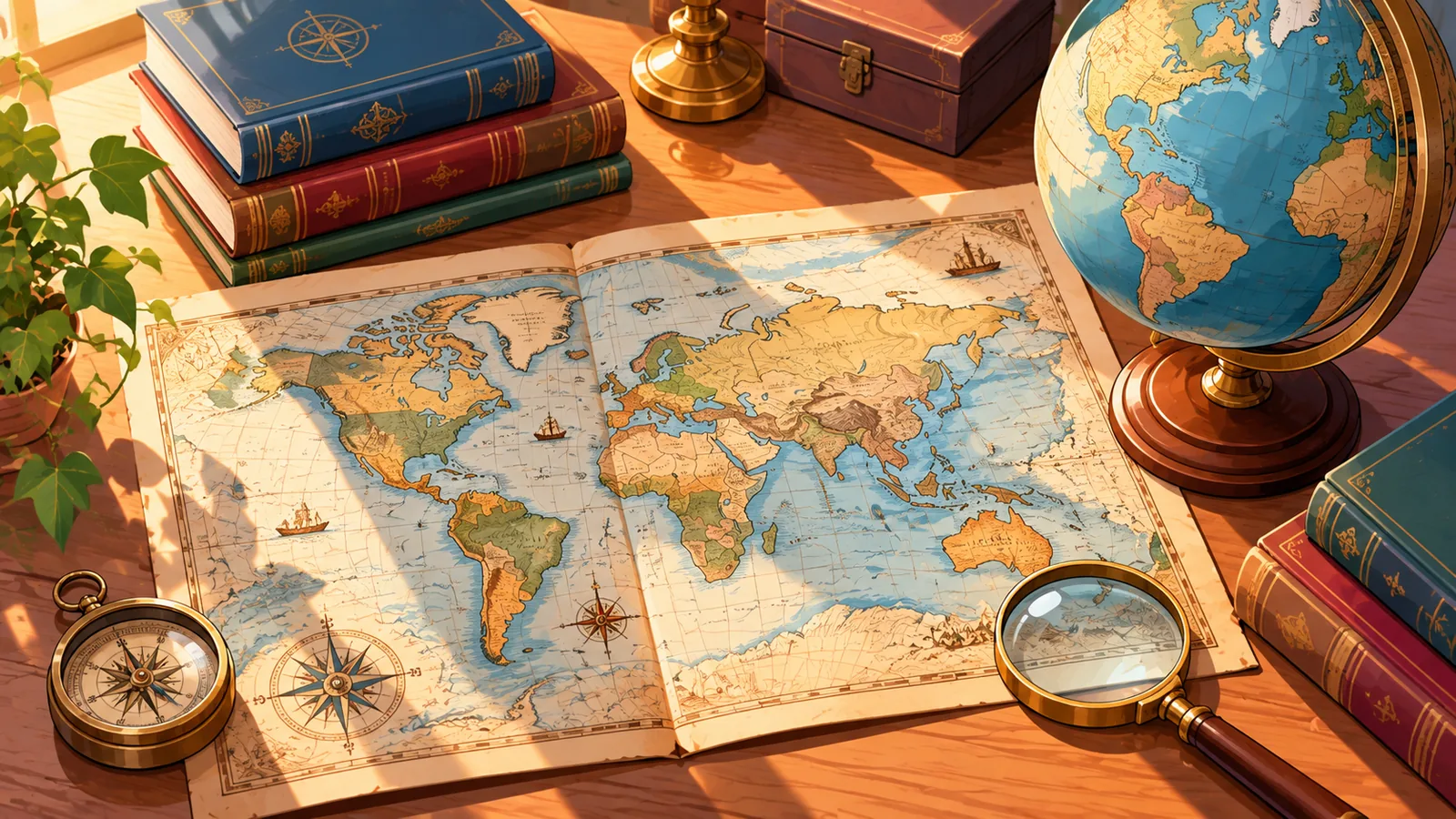 Mapa-múndi antigo e globo sobre uma mesa de biblioteca