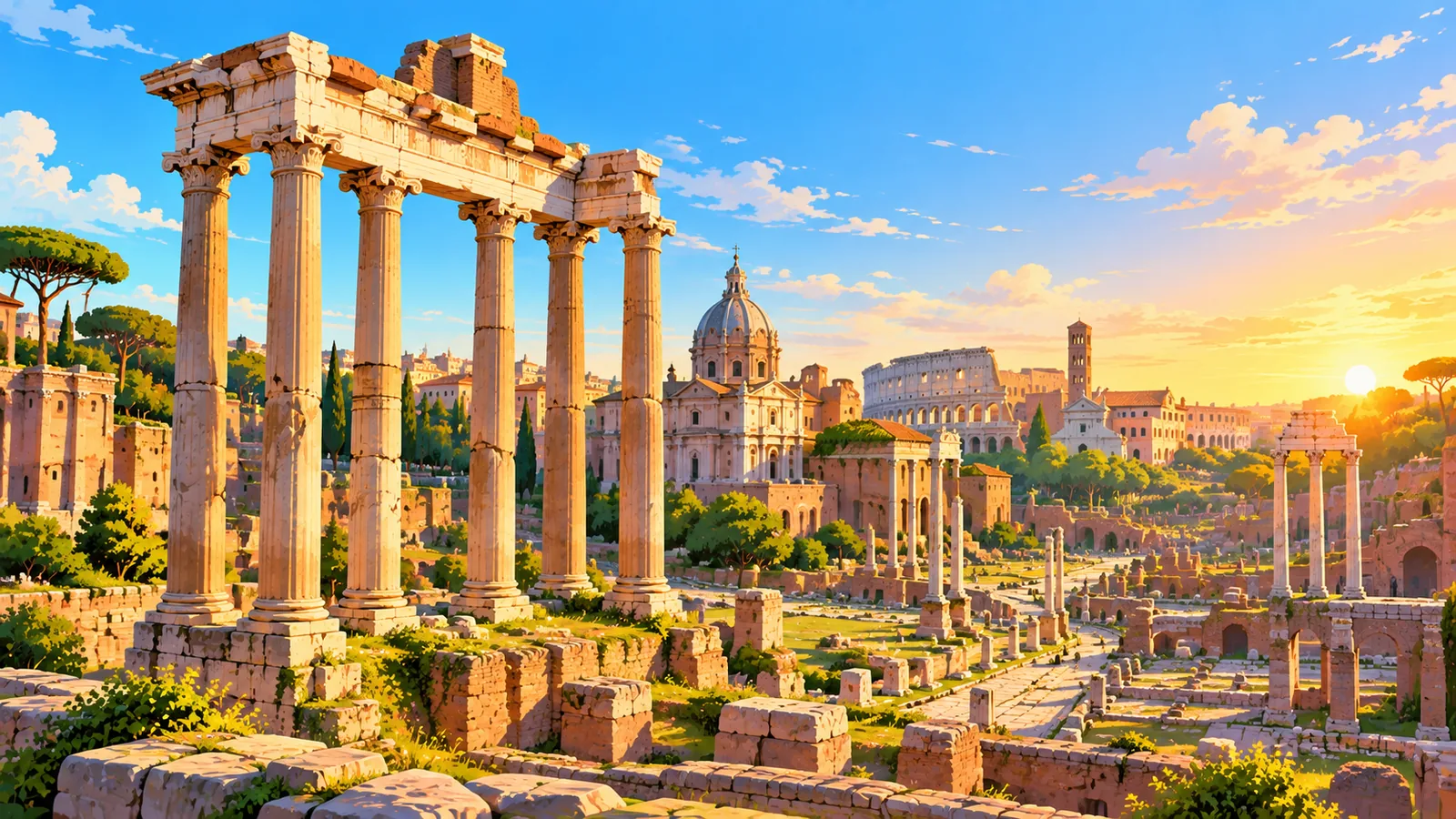 Ruínas de um fórum romano com colunas de pé