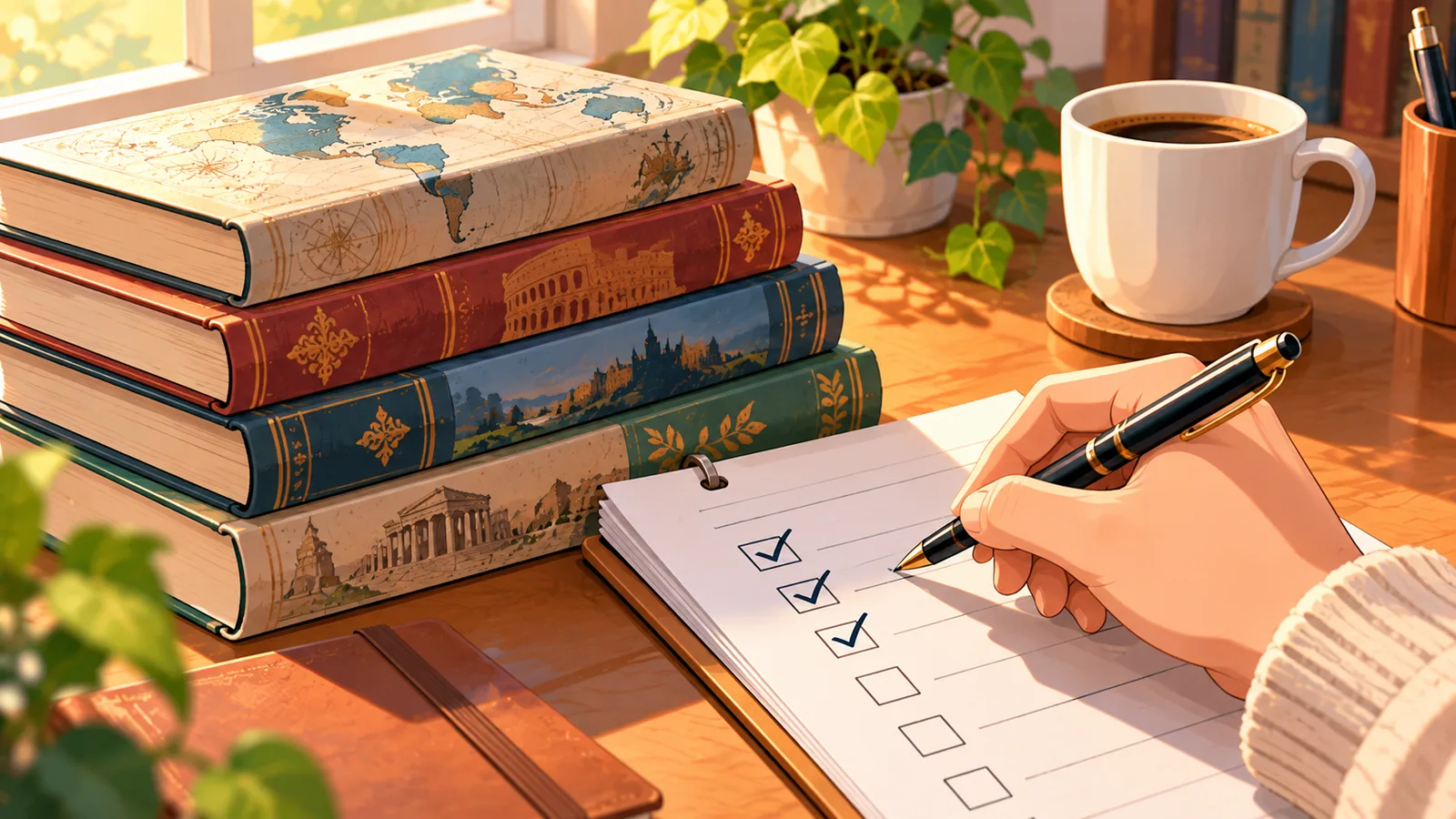Checklist de compra ao lado de uma pilha de livros