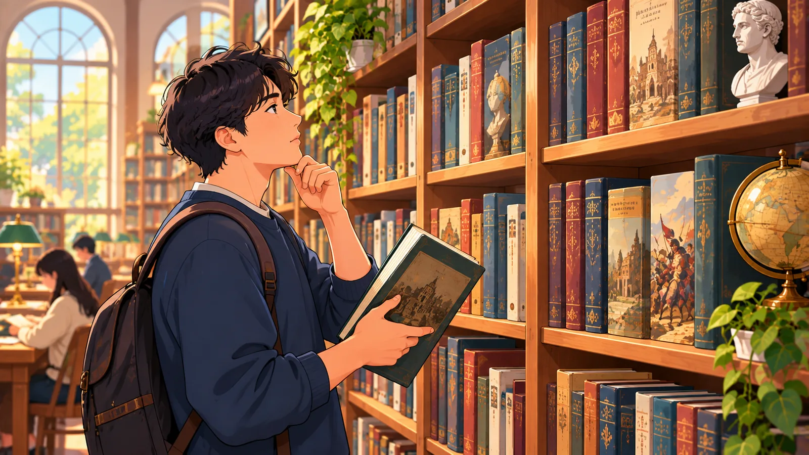 Leitor escolhendo um livro em uma estante de biblioteca