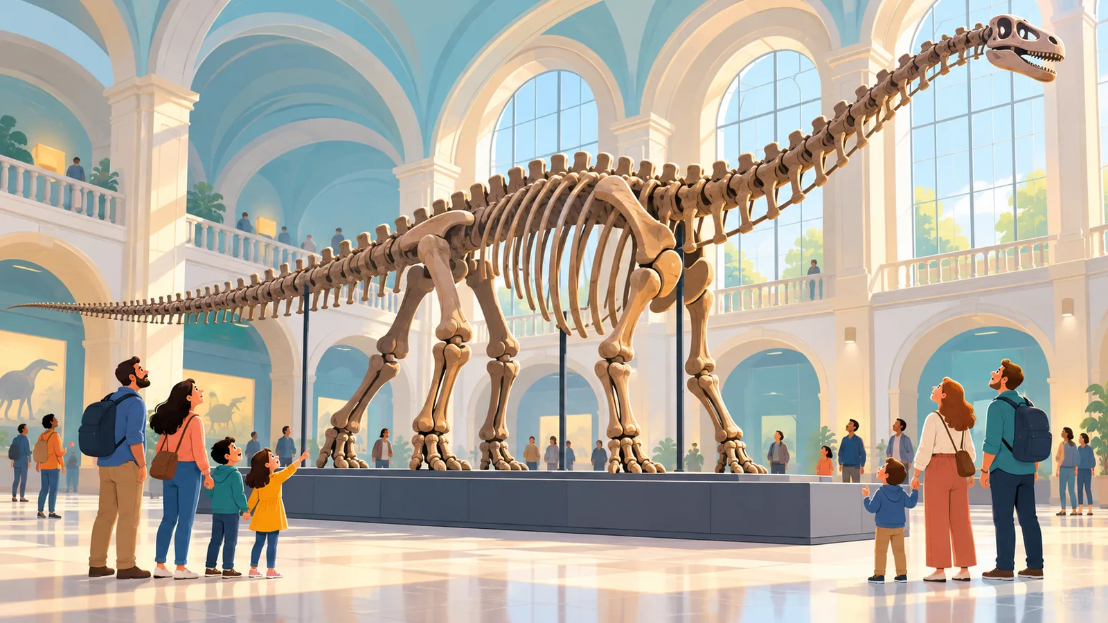Famílias admirando um esqueleto de dinossauro no Museu Americano de História Natural