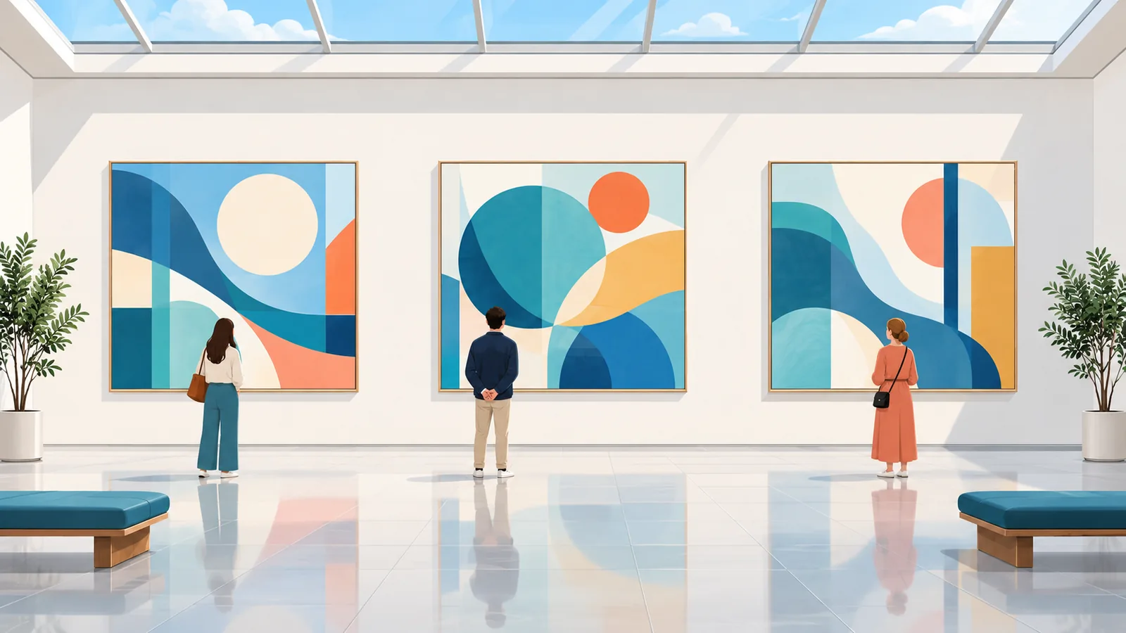 Sala do MoMA com pinturas abstratas e visitantes