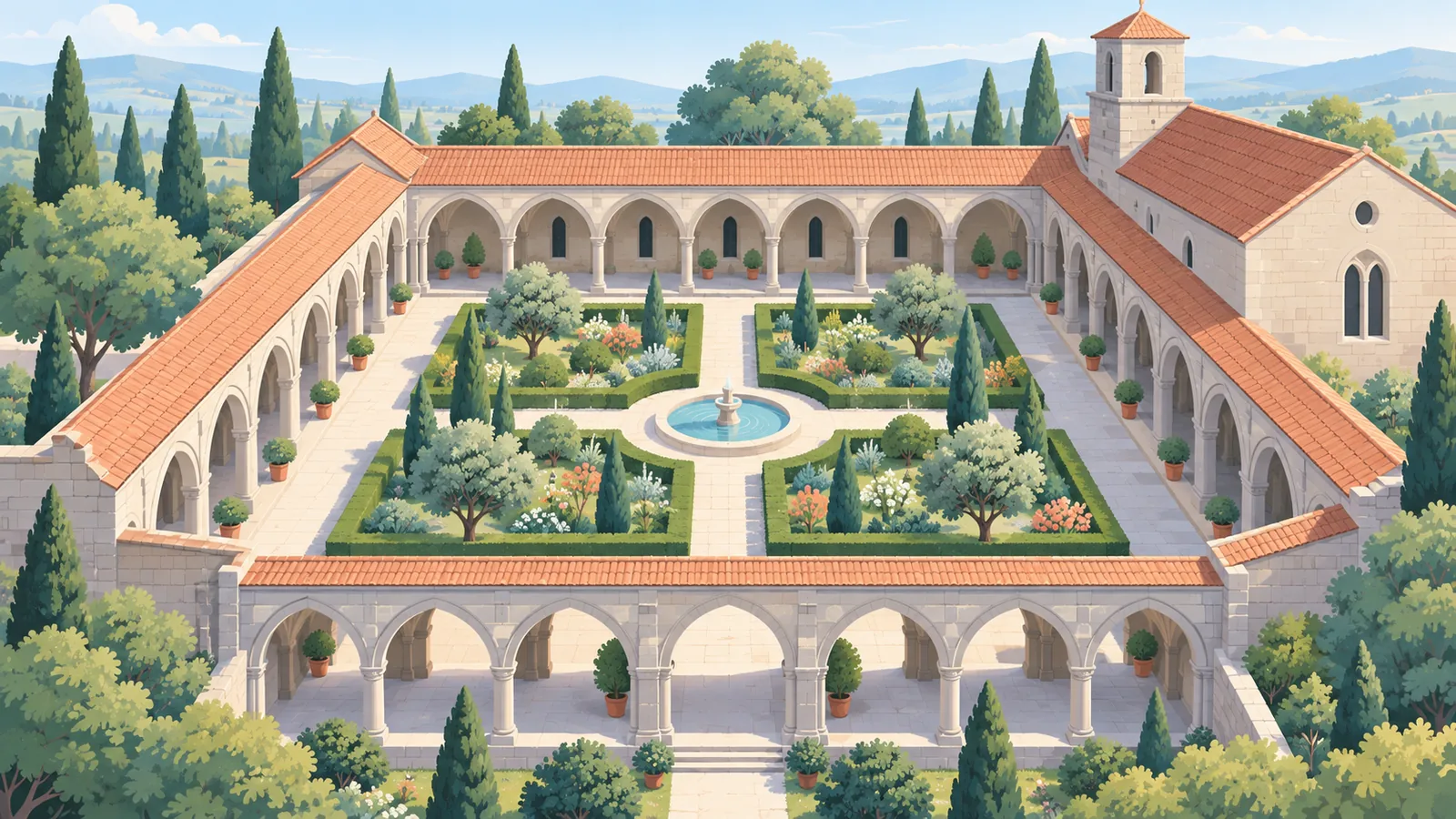 Claustro medieval com jardim no The Met Cloisters, no Fort Tryon Park