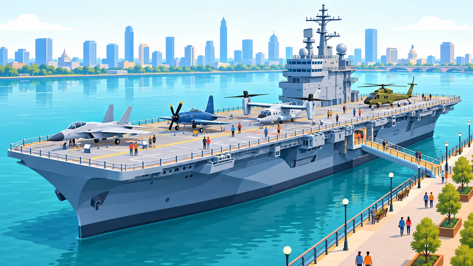 Porta-aviões USS Intrepid ancorado no rio Hudson com aviões no convés