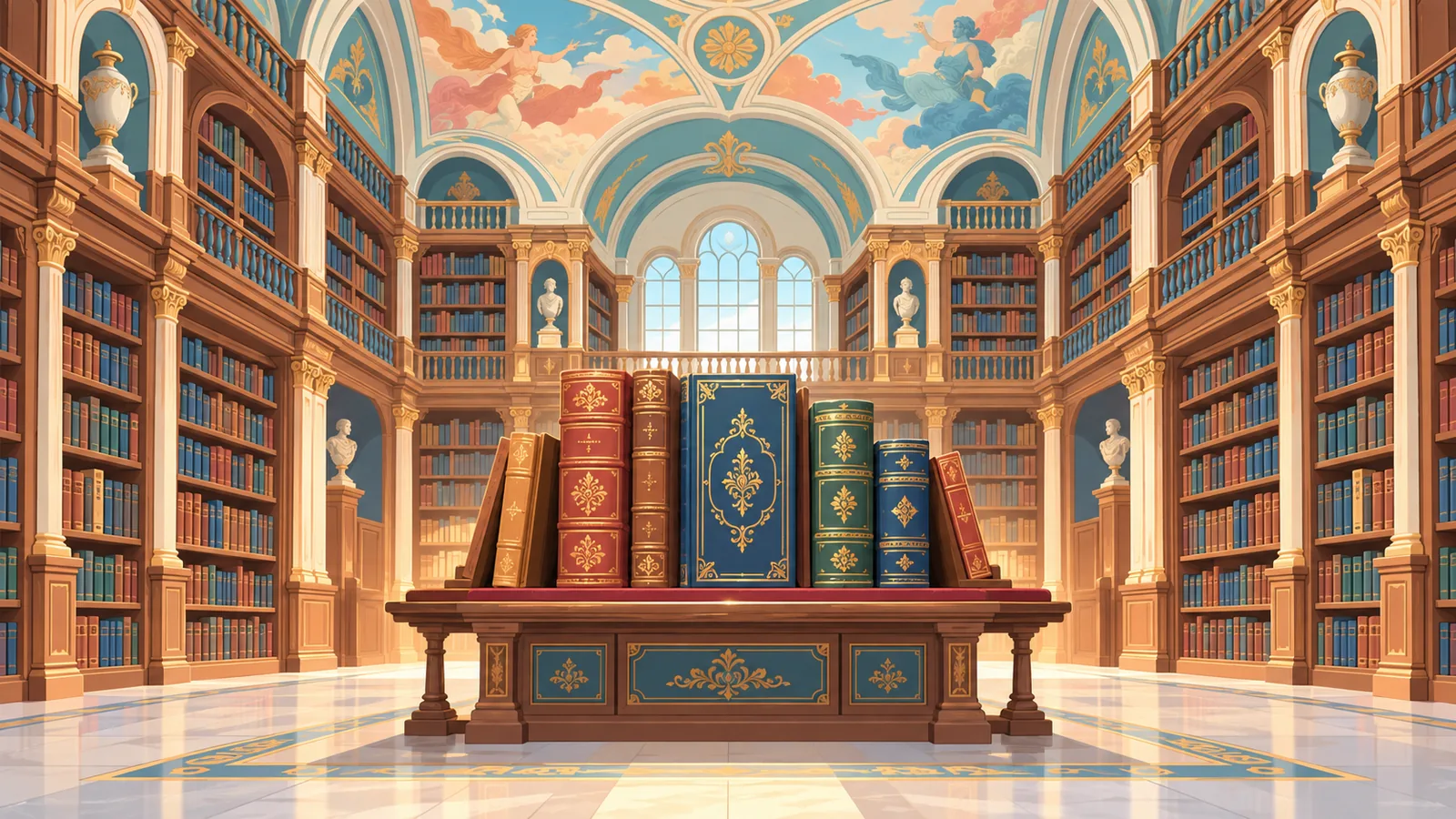 Sala histórica da Morgan Library com estantes de madeira e livros raros