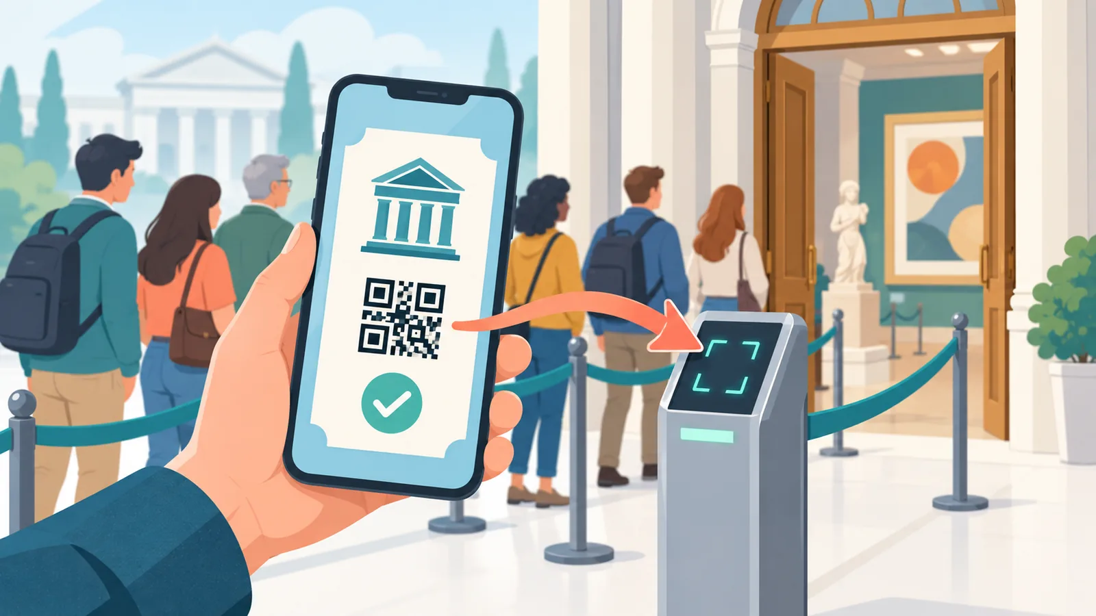 Pessoa mostrando ingresso digital no celular na entrada de um museu