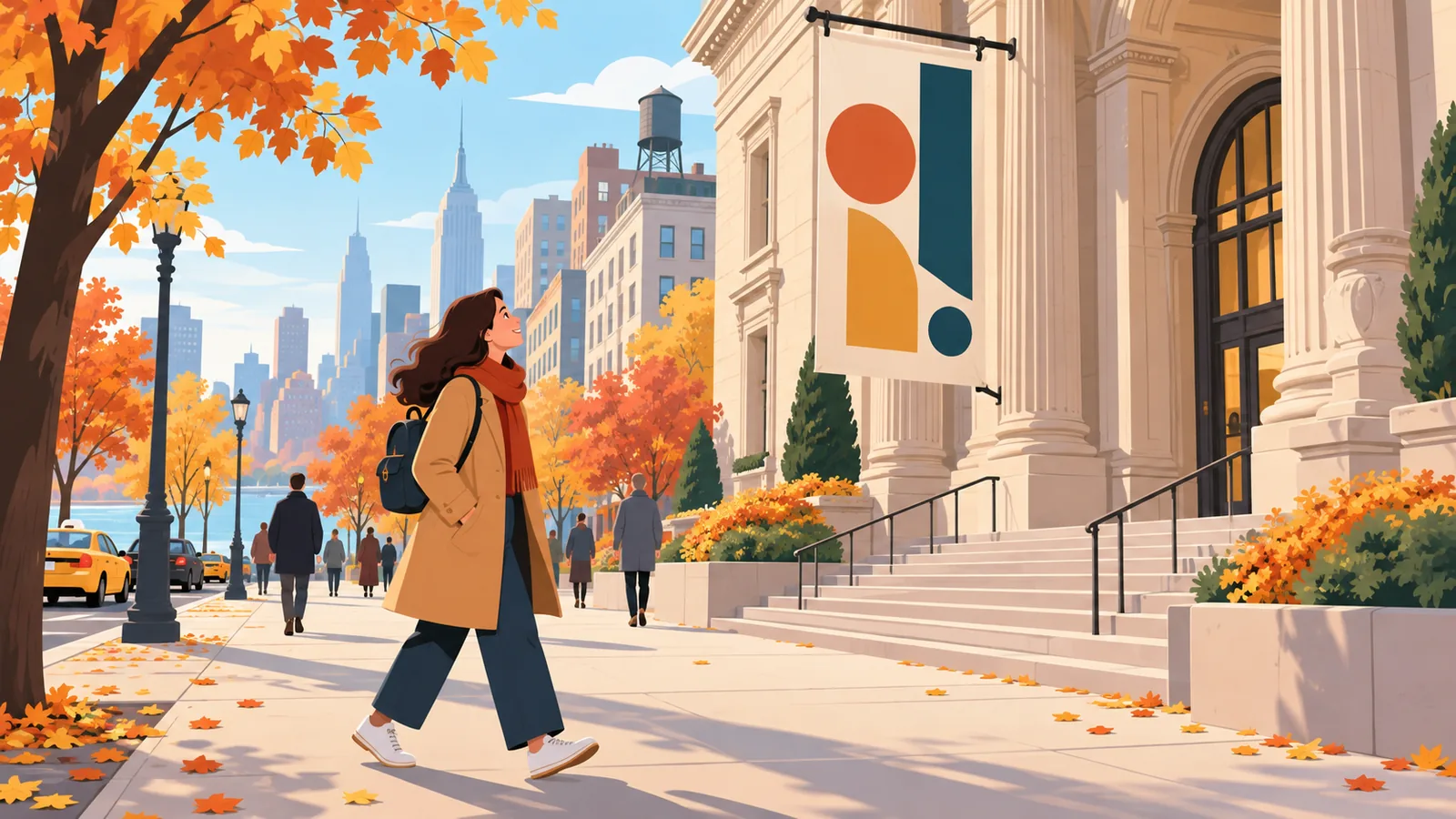 Viajante caminhando por uma rua de Manhattan a caminho de um museu