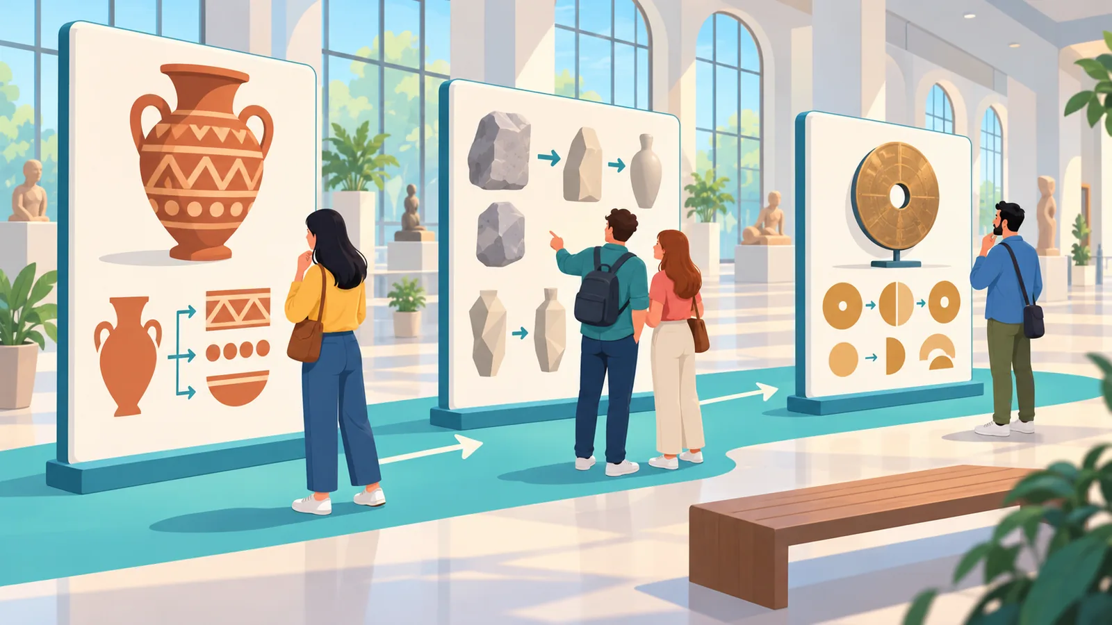 Visitantes lendo painéis informativos em uma sala de museu