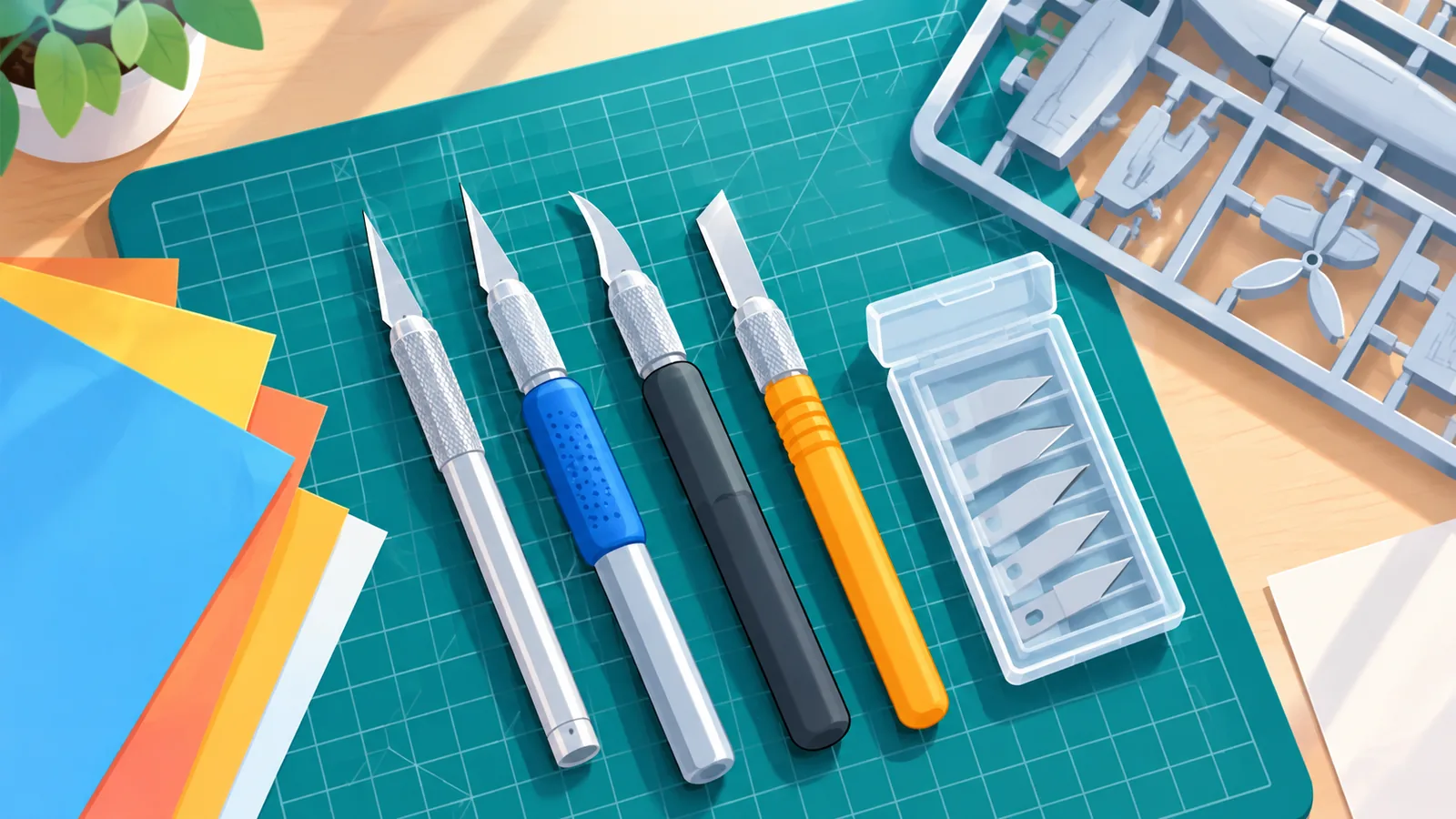 Estiletes de hobby sobre um tapete de corte ao lado de papel colorido e uma maquete de plástico