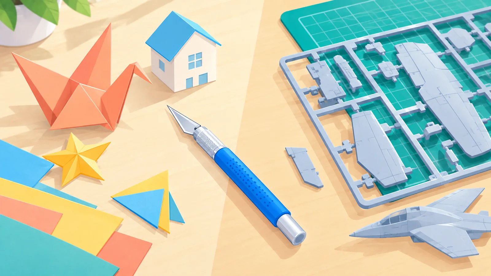 Mesa com trabalho em papel de um lado, maquete de plástico do outro e um estilete no meio