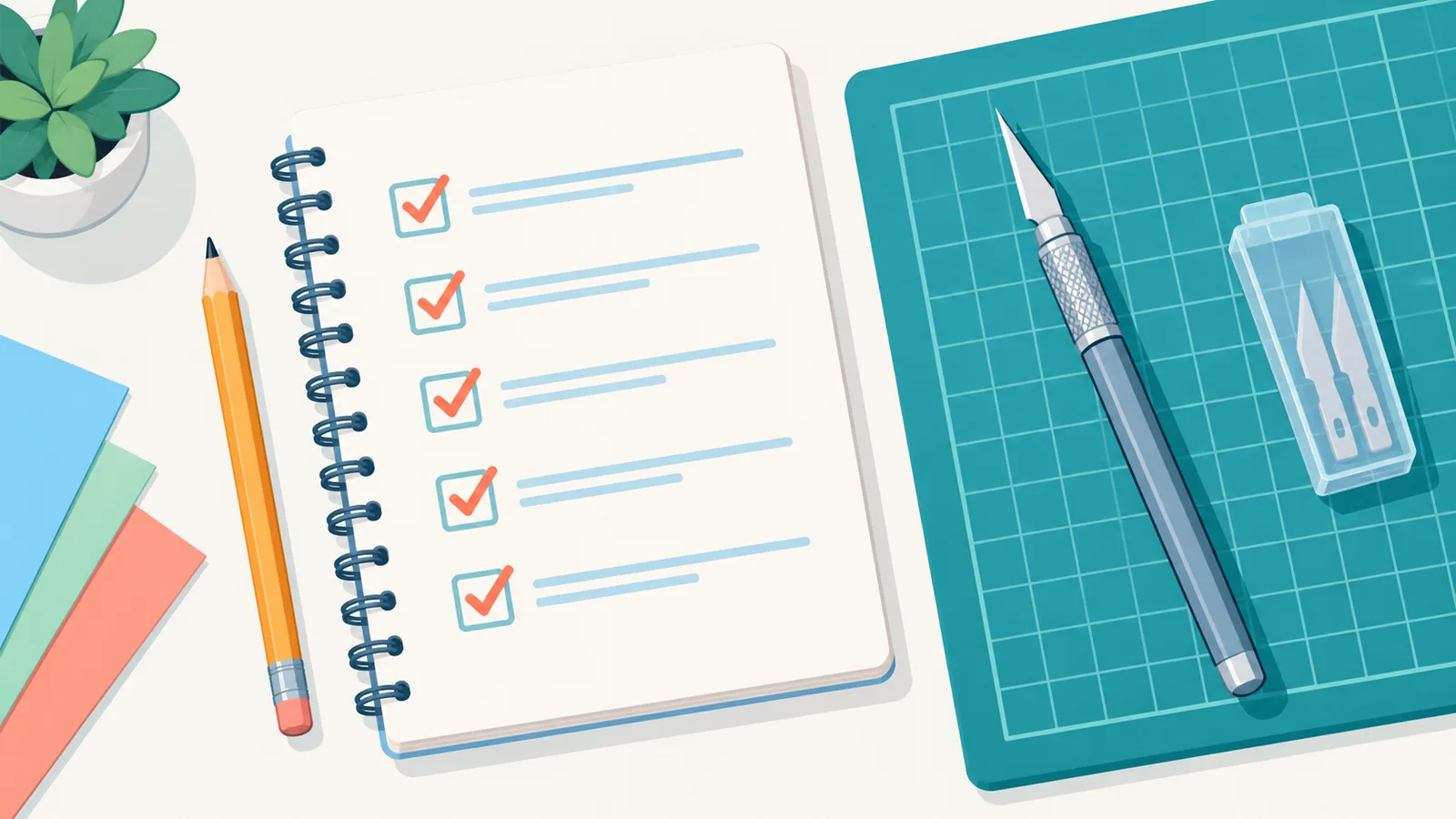 Bloco de notas com checklist ao lado de um estilete e um tapete de corte