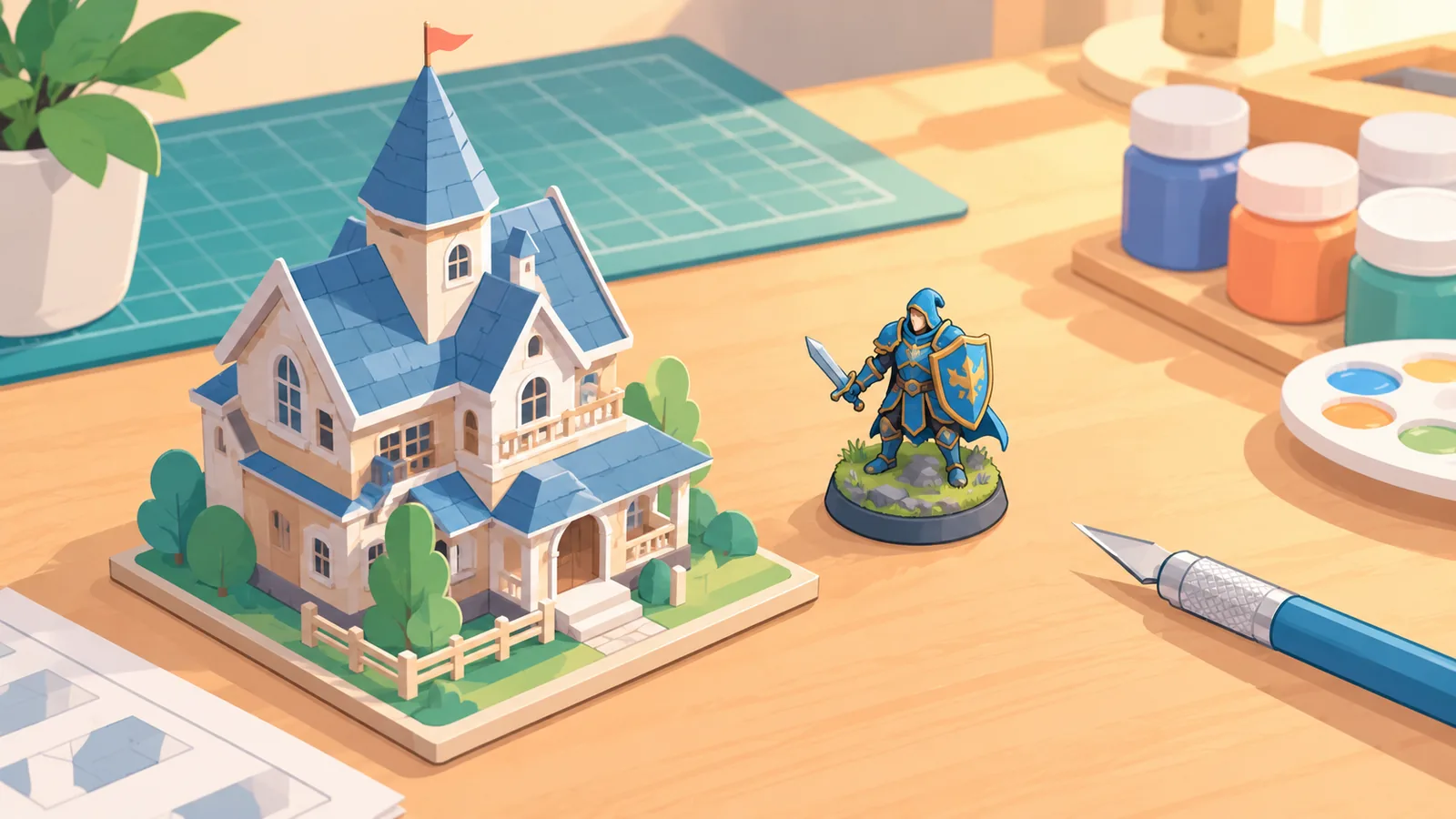 Trabalho de papel finalizado e miniatura pintada em uma bancada com um estilete