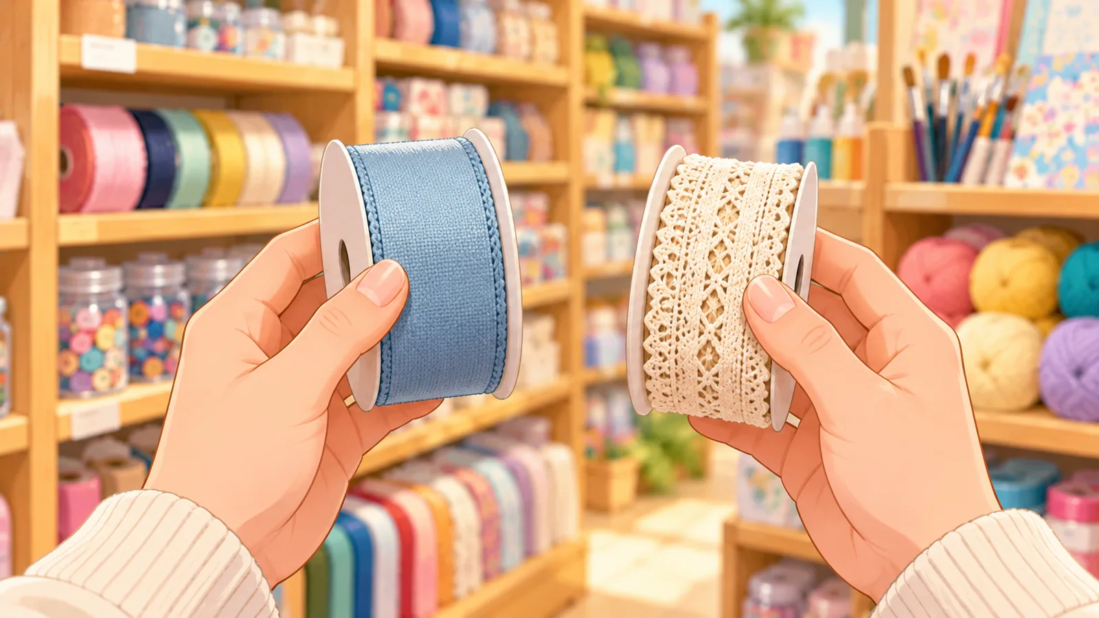 Mãos comparando dois produtos de artesanato lado a lado na loja