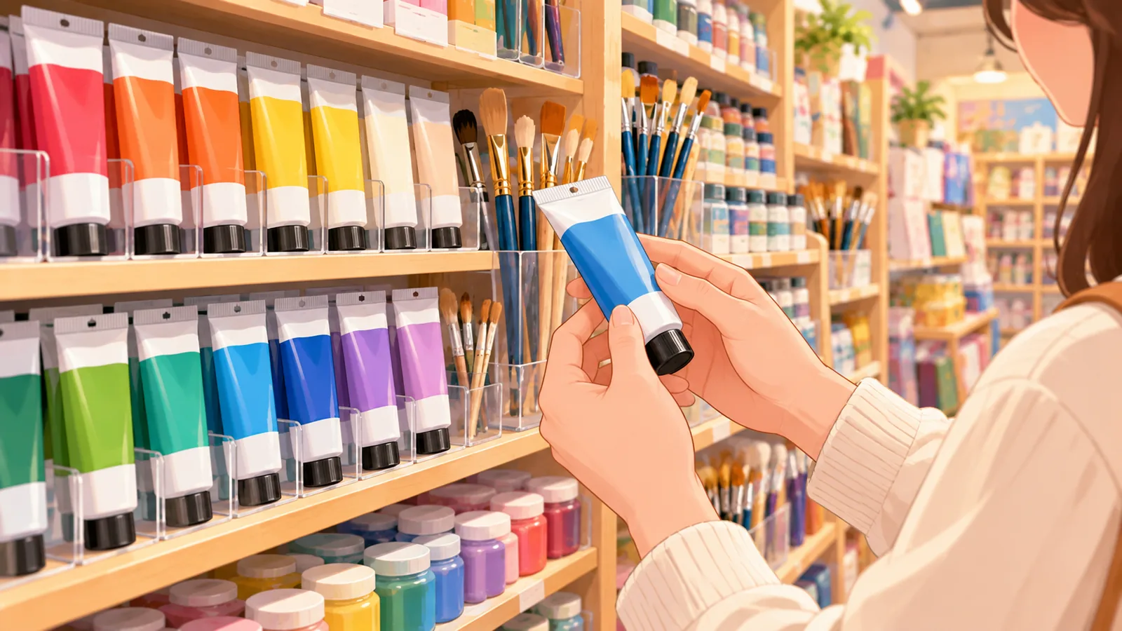 Mão conferindo o rótulo de uma tinta no corredor de tintas e pincéis