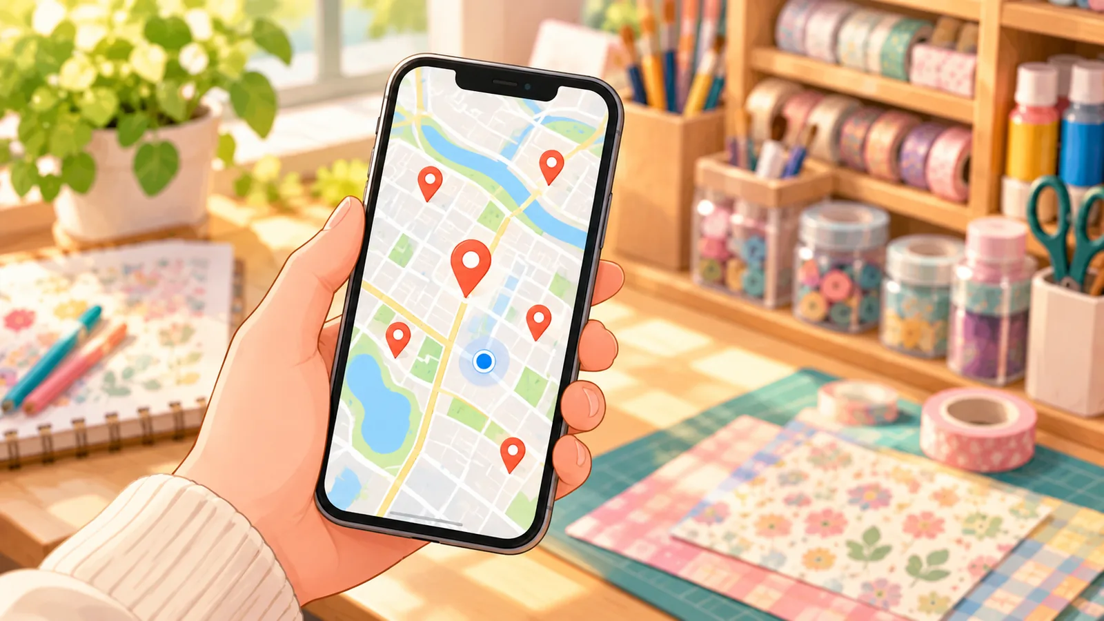 Celular mostrando um mapa com várias lojas marcadas por perto