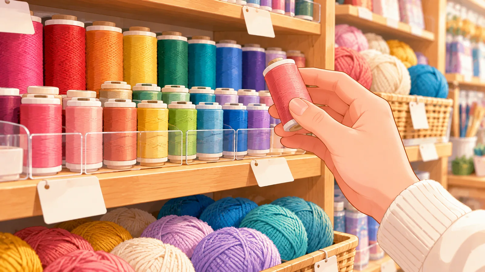 Carretéis de linha com etiquetas de preço em branco para comparar tamanhos
