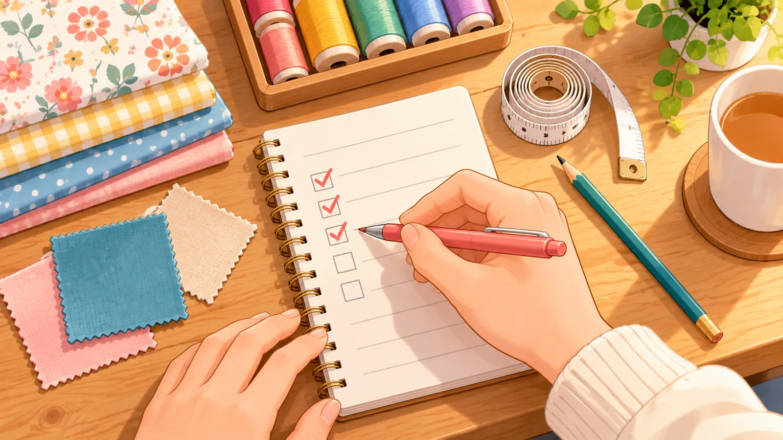 Mão riscando itens de uma lista de compras de artesanato sobre a mesa