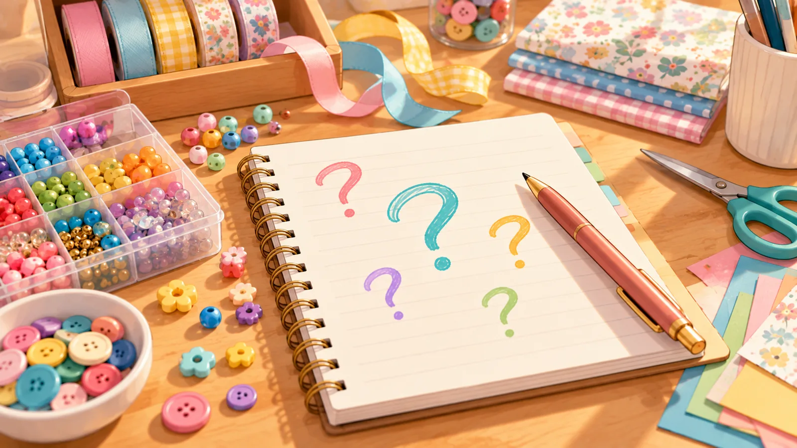 Caderno de dúvidas aberto com miçangas, botões e fitas ao fundo