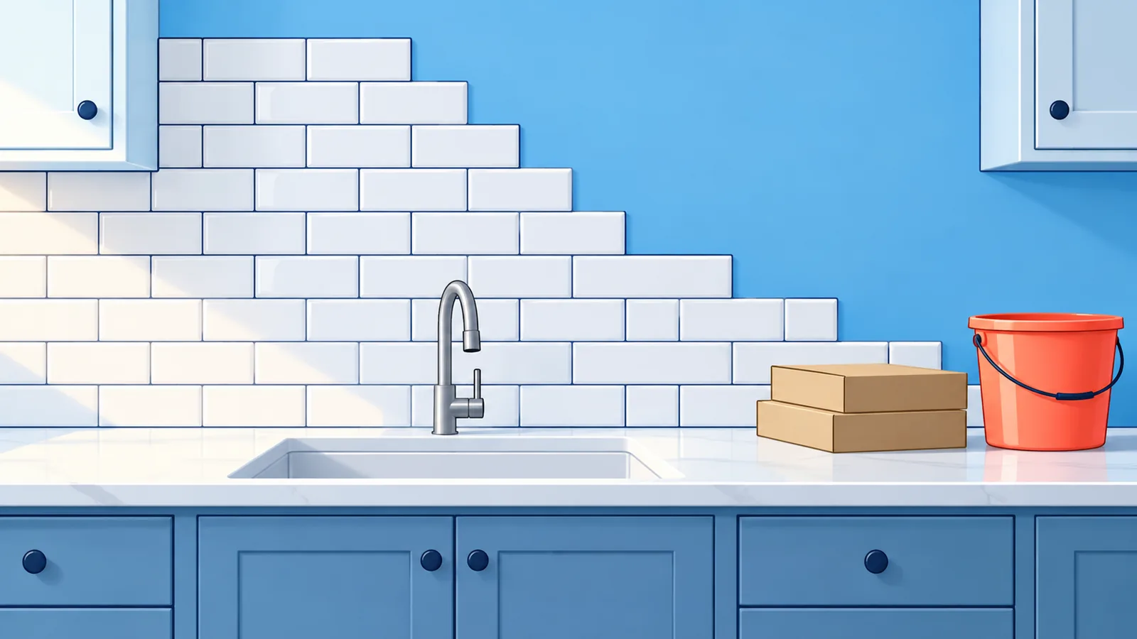 Cozinha com backsplash de azulejo branco em instalação