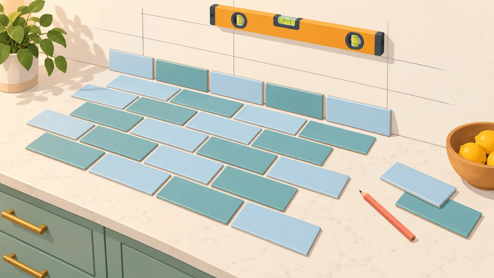 Colocação a seco do azulejo com linhas de referência