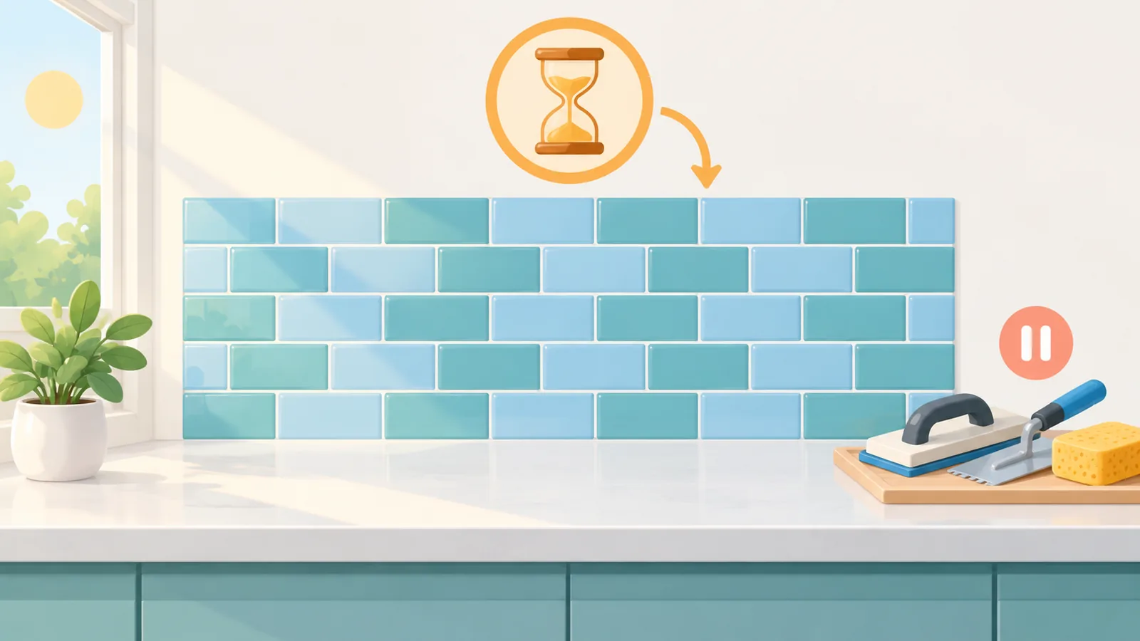 Backsplash recém-assentado durante a secagem