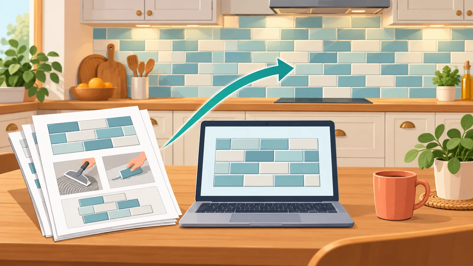 Guias de instalação sobre a mesa da cozinha