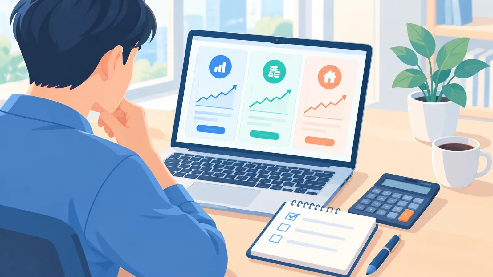 Investidor comparando opções de investimento em um notebook