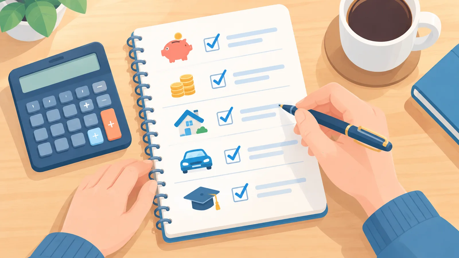 Pessoa preenchendo uma lista de verificação financeira com caderno e calculadora