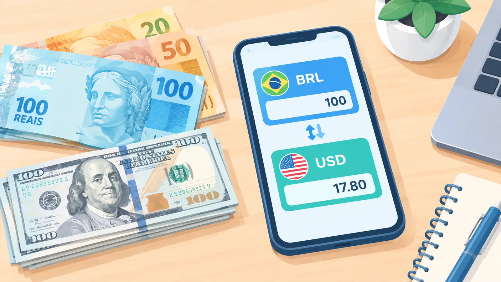 Notas de real e de dólar sobre uma mesa ao lado de um celular com aplicativo de câmbio
