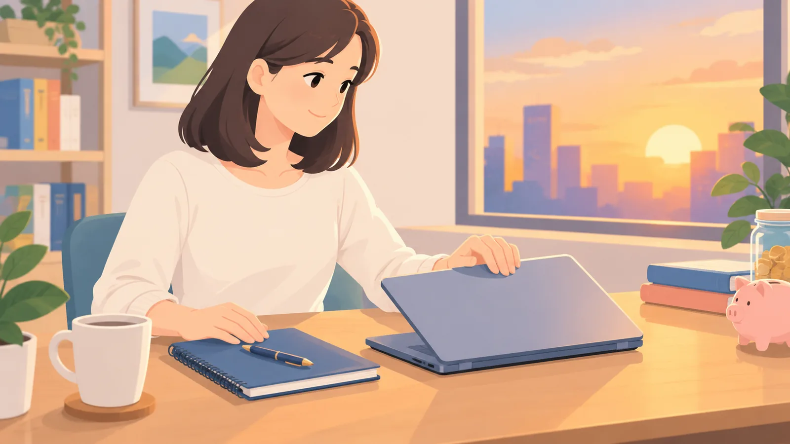 Investidor concluindo o planejamento financeiro com caderno e notebook ao fim do dia
