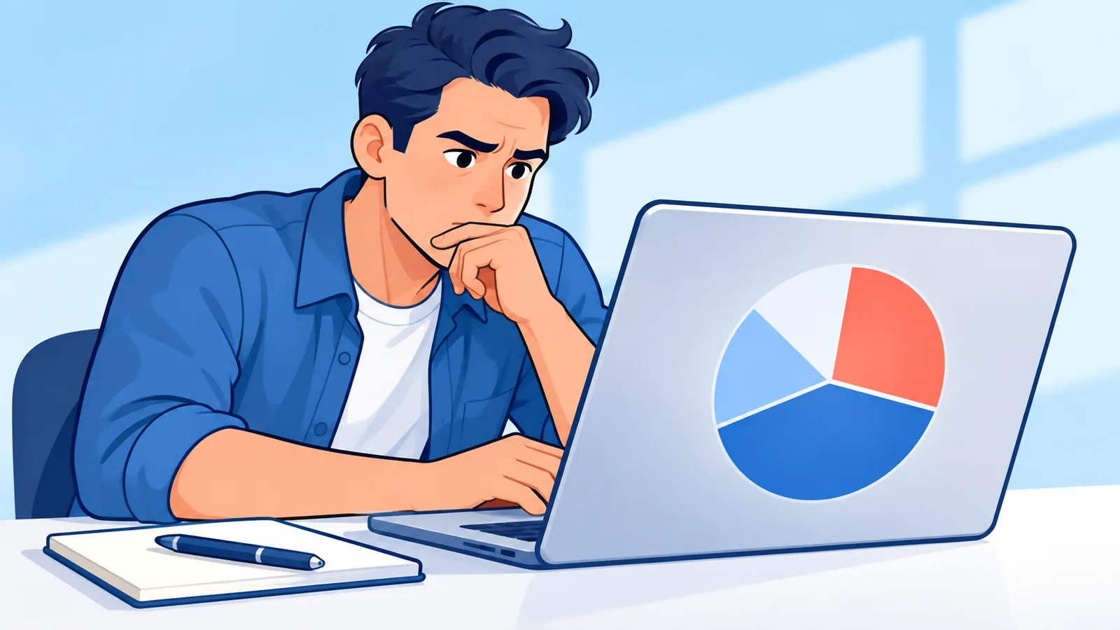 Investidor iniciante estudando um gráfico de carteira diversificada em um notebook