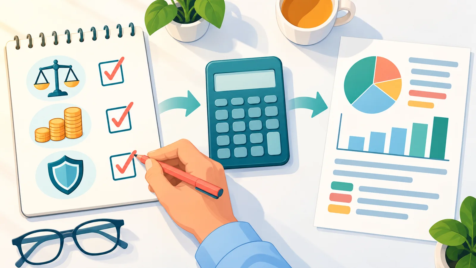 Mesa com anotações e calculadora usadas para comparar critérios de escolha de ETFs