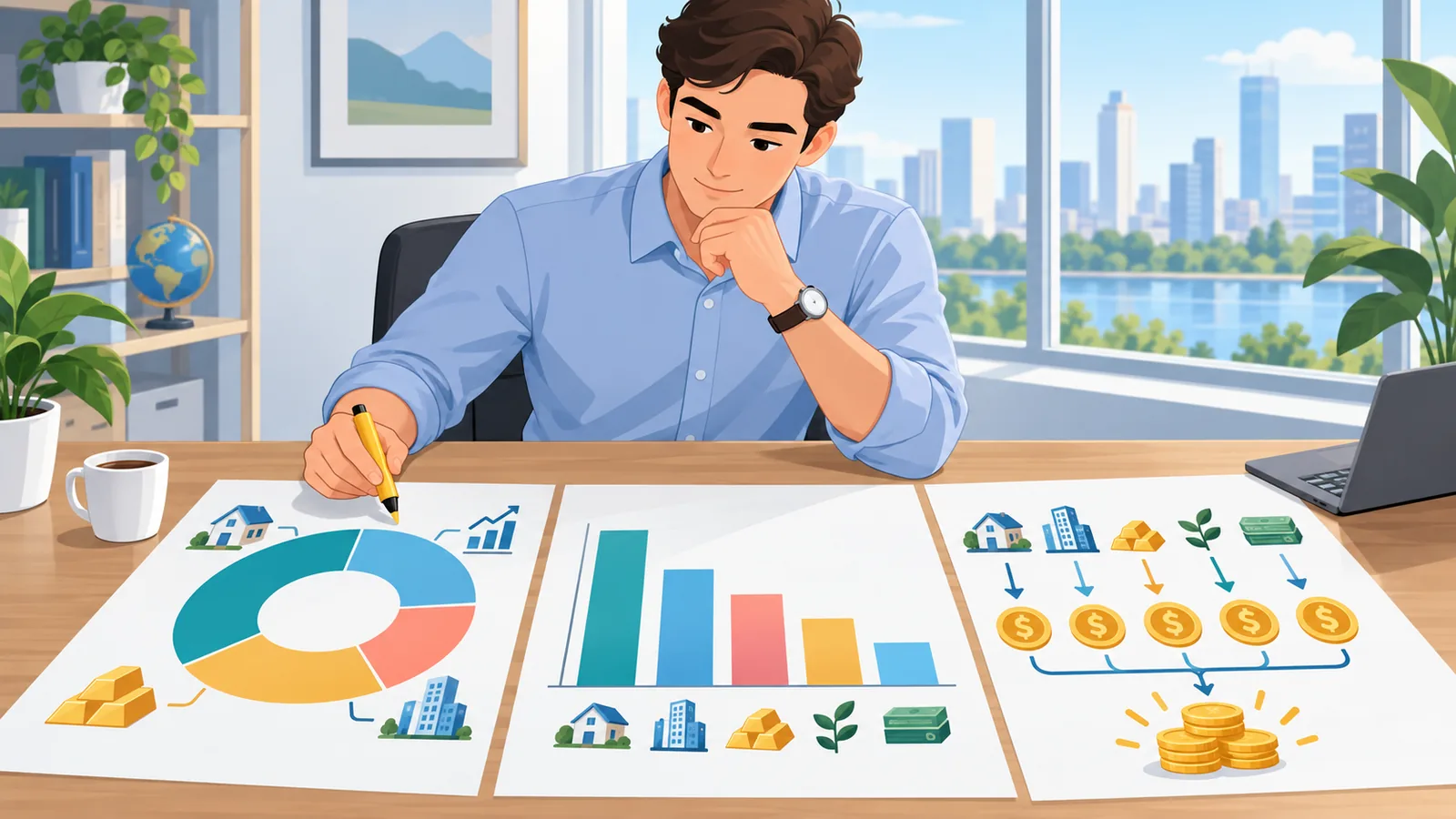 Investidor analisando gráficos de dividendos e de diversificação