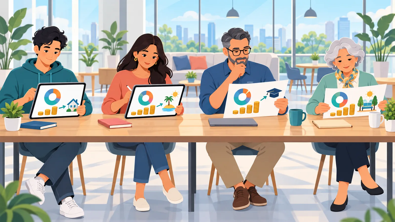 Quatro pessoas de perfis diferentes planejando seus investimentos
