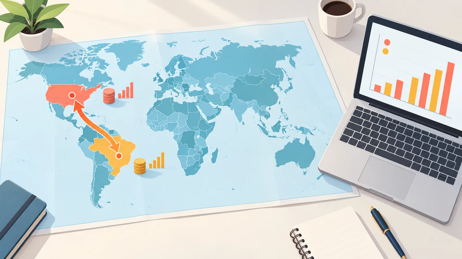 Mapa-múndi com ícones de investimento e moedas