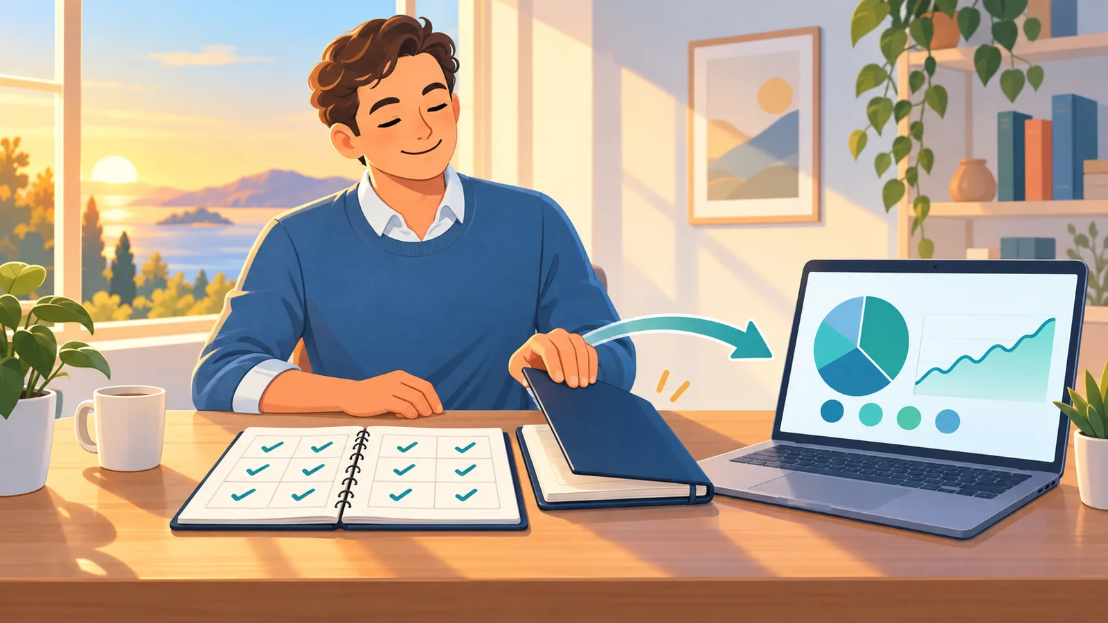 Investidor planejando os próximos passos com agenda e notebook