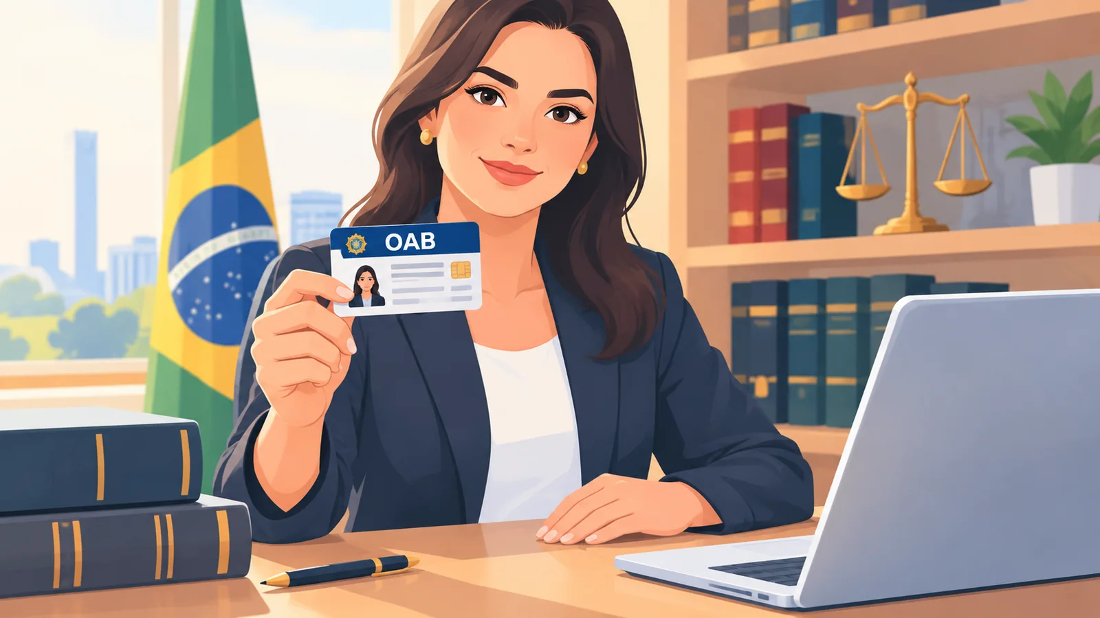 Advogada exibindo a carteira da OAB sobre uma mesa de trabalho