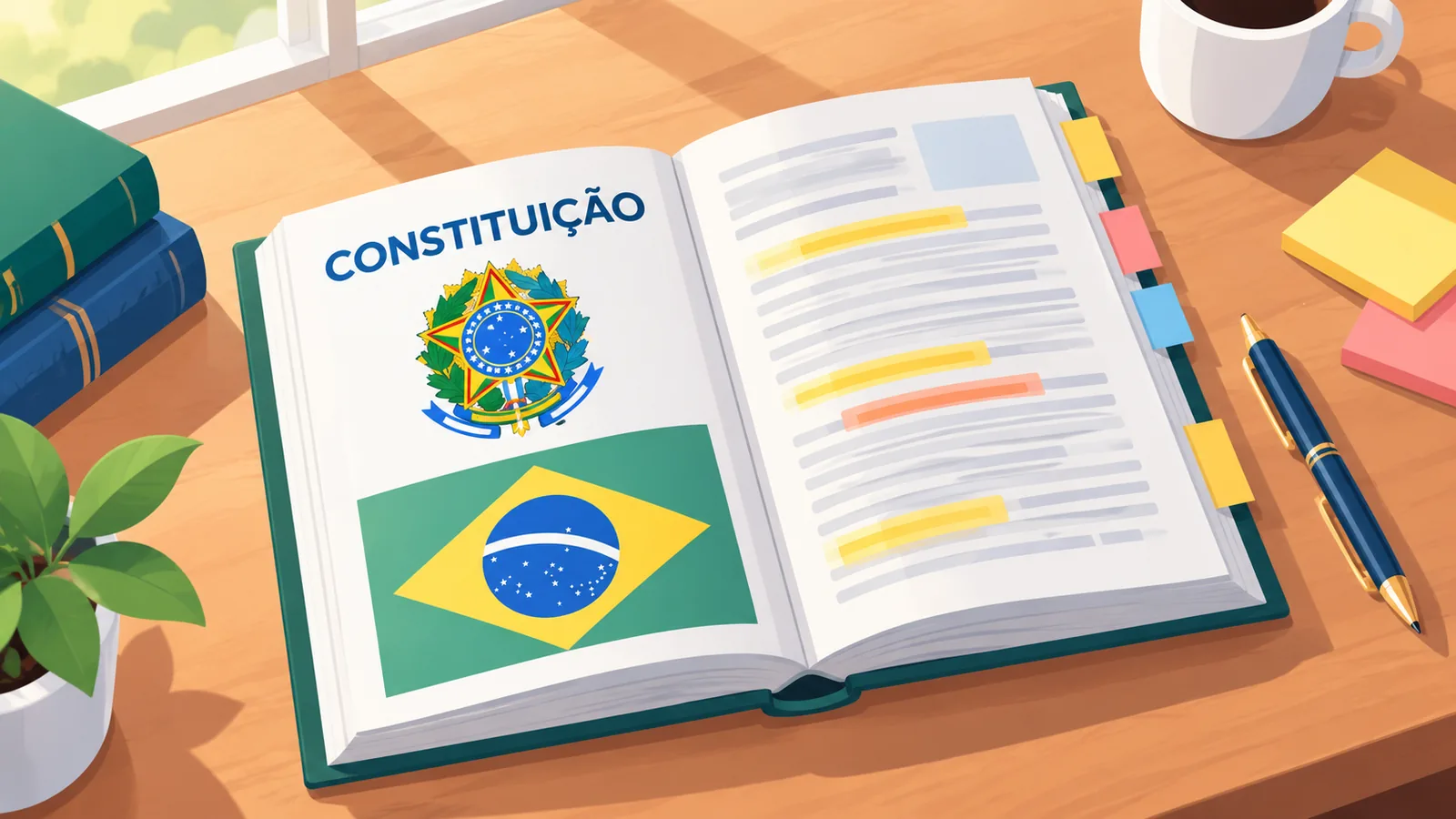 Mesa com a Constituição Federal aberta e documentos de um processo