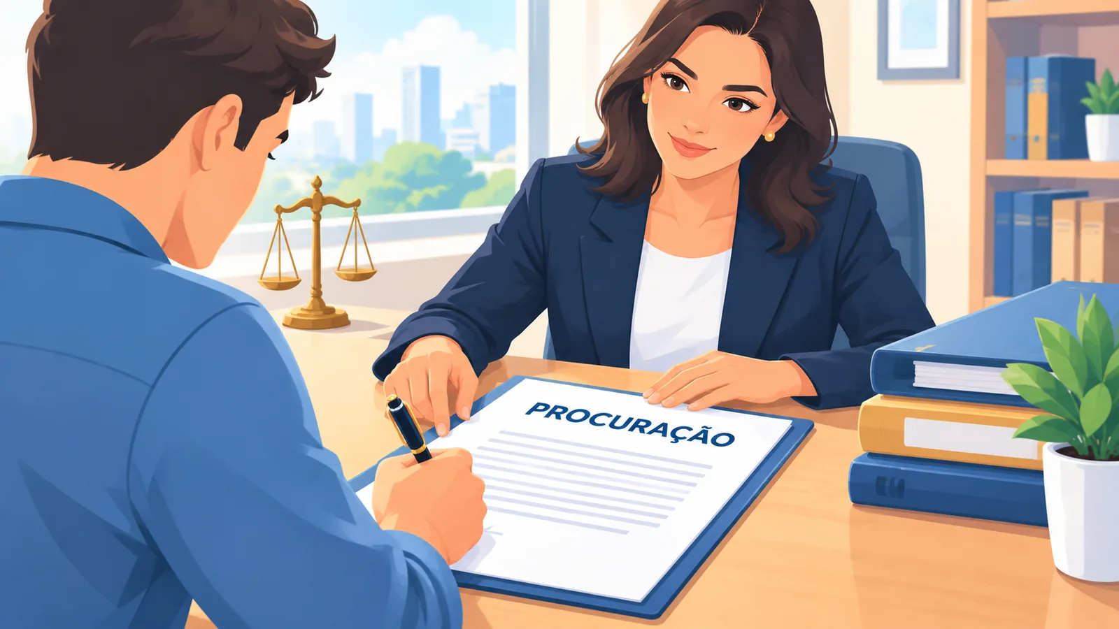 Cliente assinando uma procuração diante de um advogado