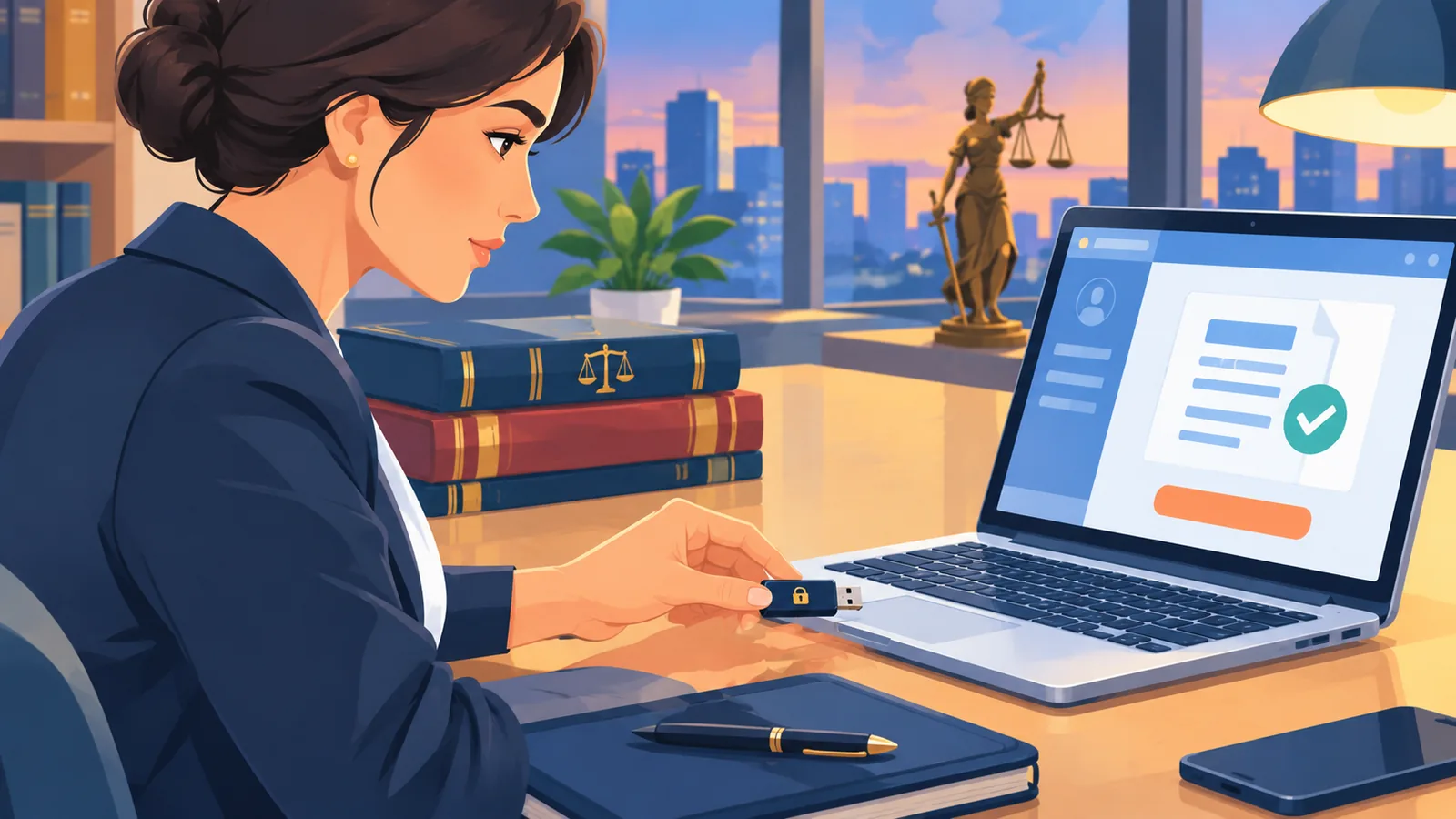 Advogado usando um token de certificado digital em um notebook