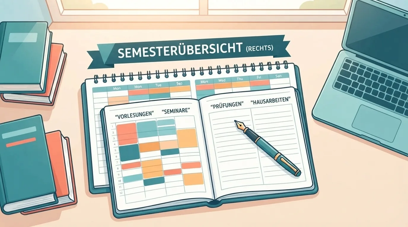 Calendário e planejador do semestre ao lado de livros de Direito