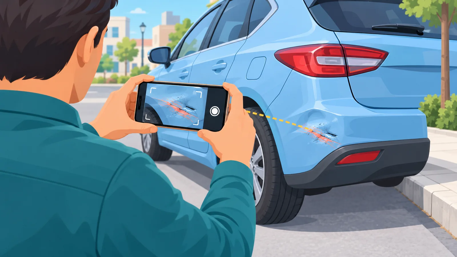 Motorista fotografando os danos no carro após a colisão