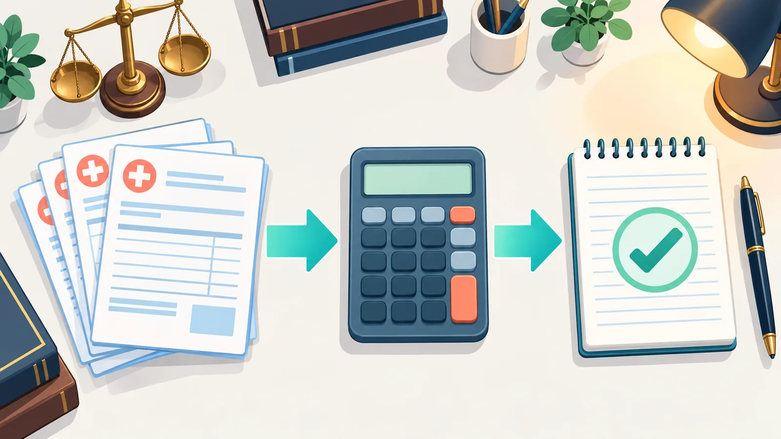 Mesa de advogado com calculadora, notas de despesas médicas e bloco de anotações