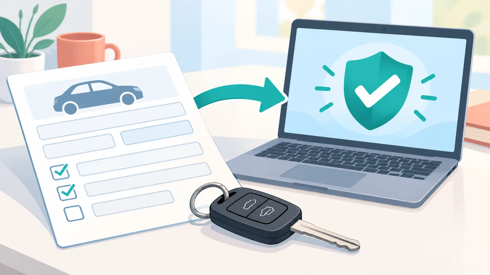 Formulários de seguro e chave de carro ao lado de um notebook