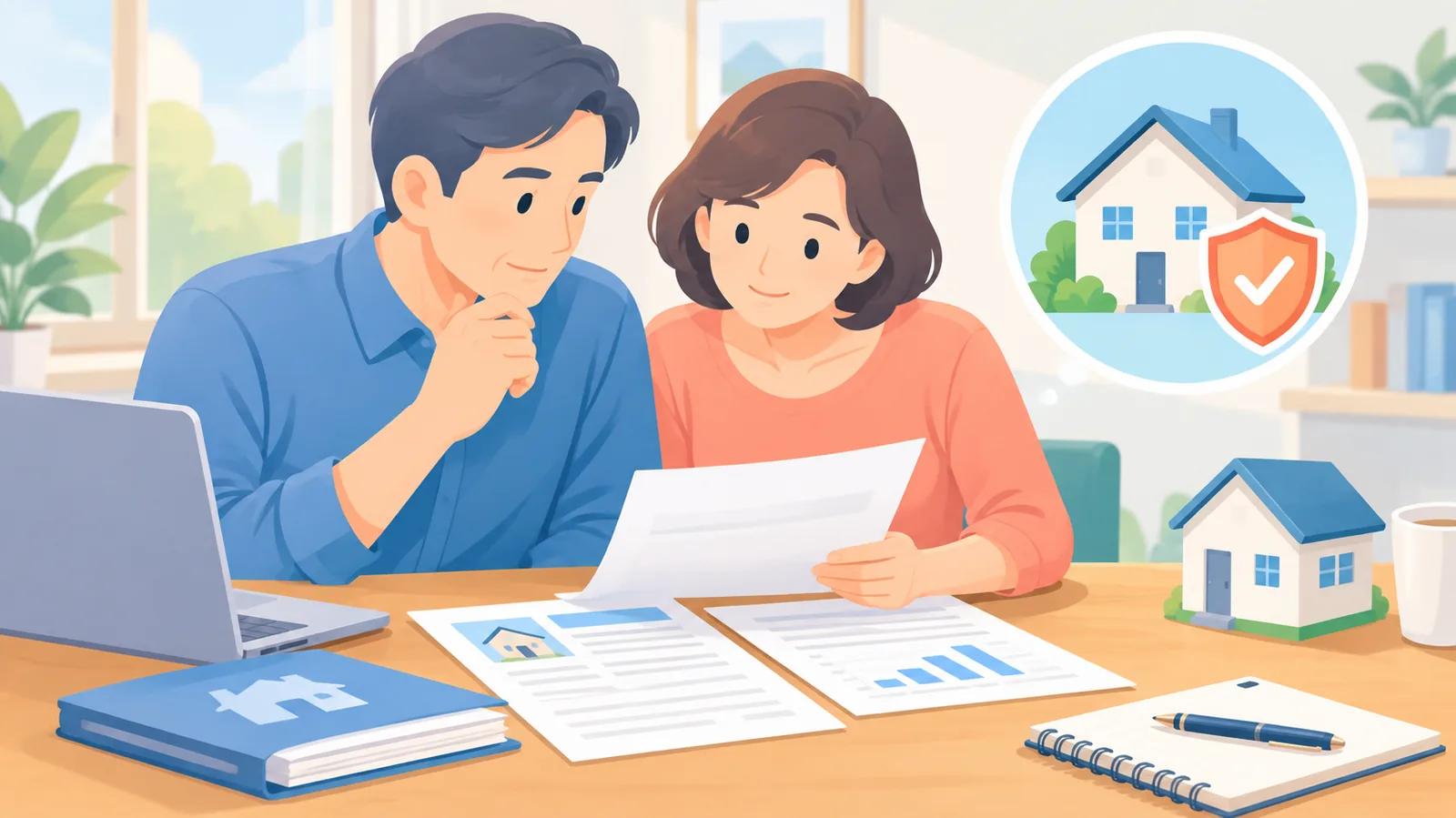 Casal revisando documentos da família e do patrimônio à mesa da cozinha